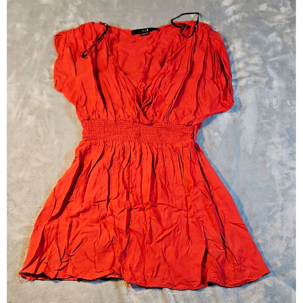 Forever 21 Womens Orange Smocked Waist V-Neck Puff Short Sleeve Mini Dress S